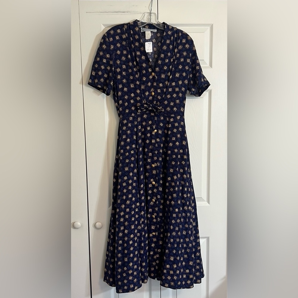 VTG Bichon by Sara Edwards Women’s Size Small Blue Rayon Midi Dress Tie Back H1